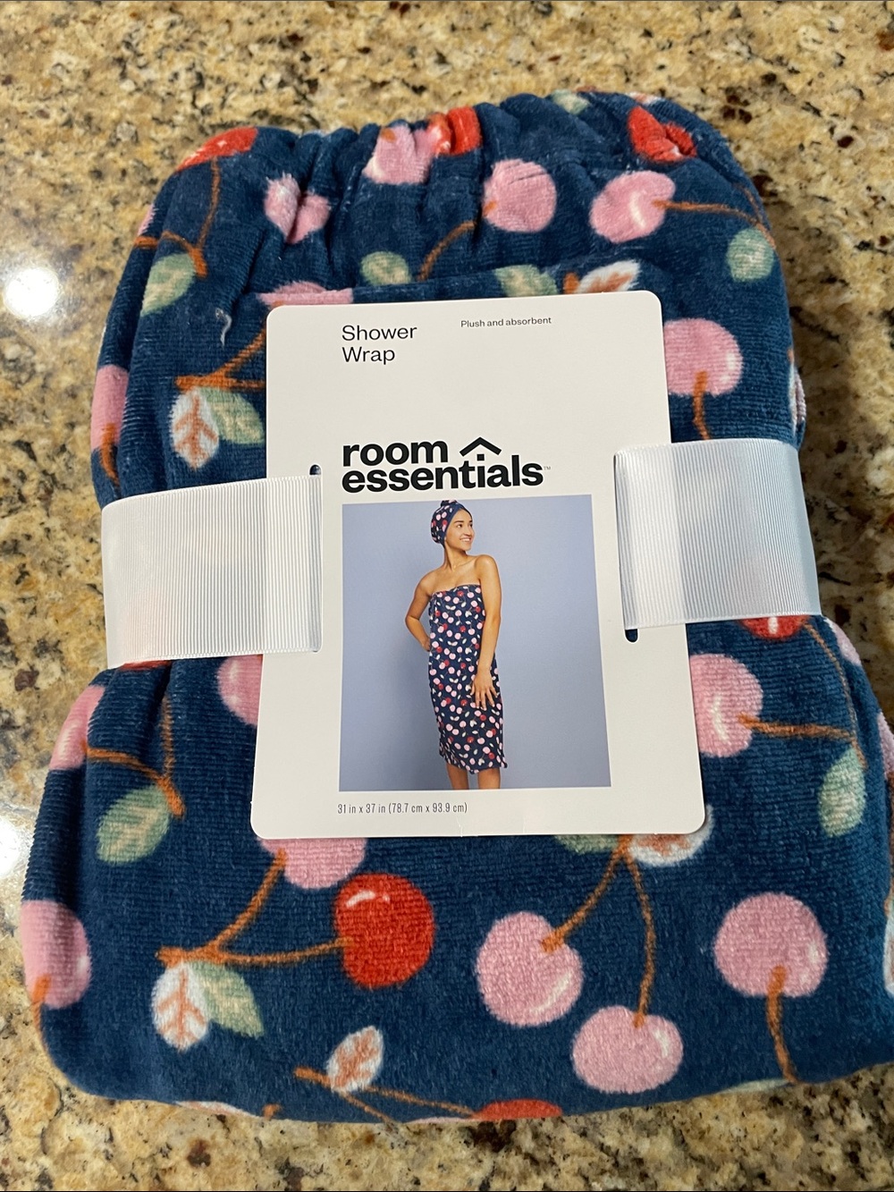 Room Essentials Navy Plush Shower Wrap with Pink and Red Cherry Motif